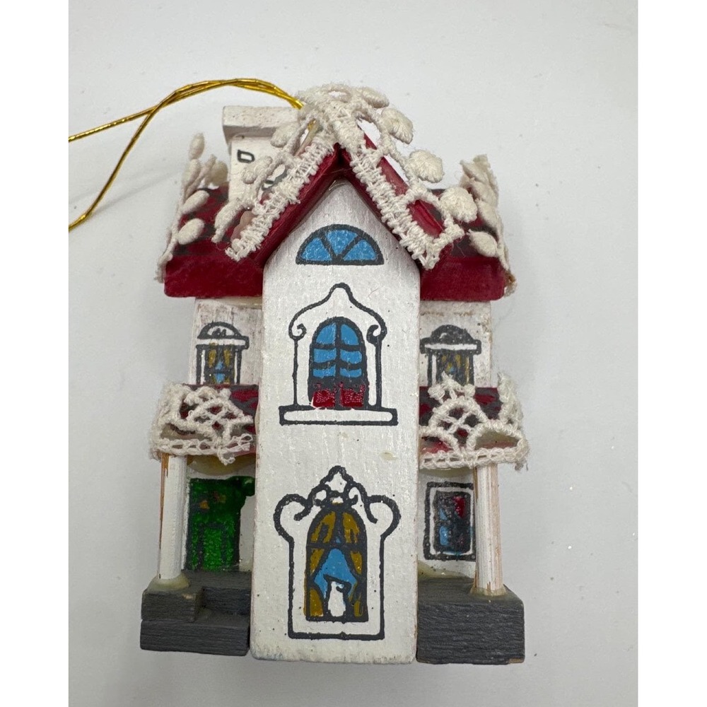 VTG 1981 Kurt Adler Wooden House Christmas Ornament Lace Trim Victorian White